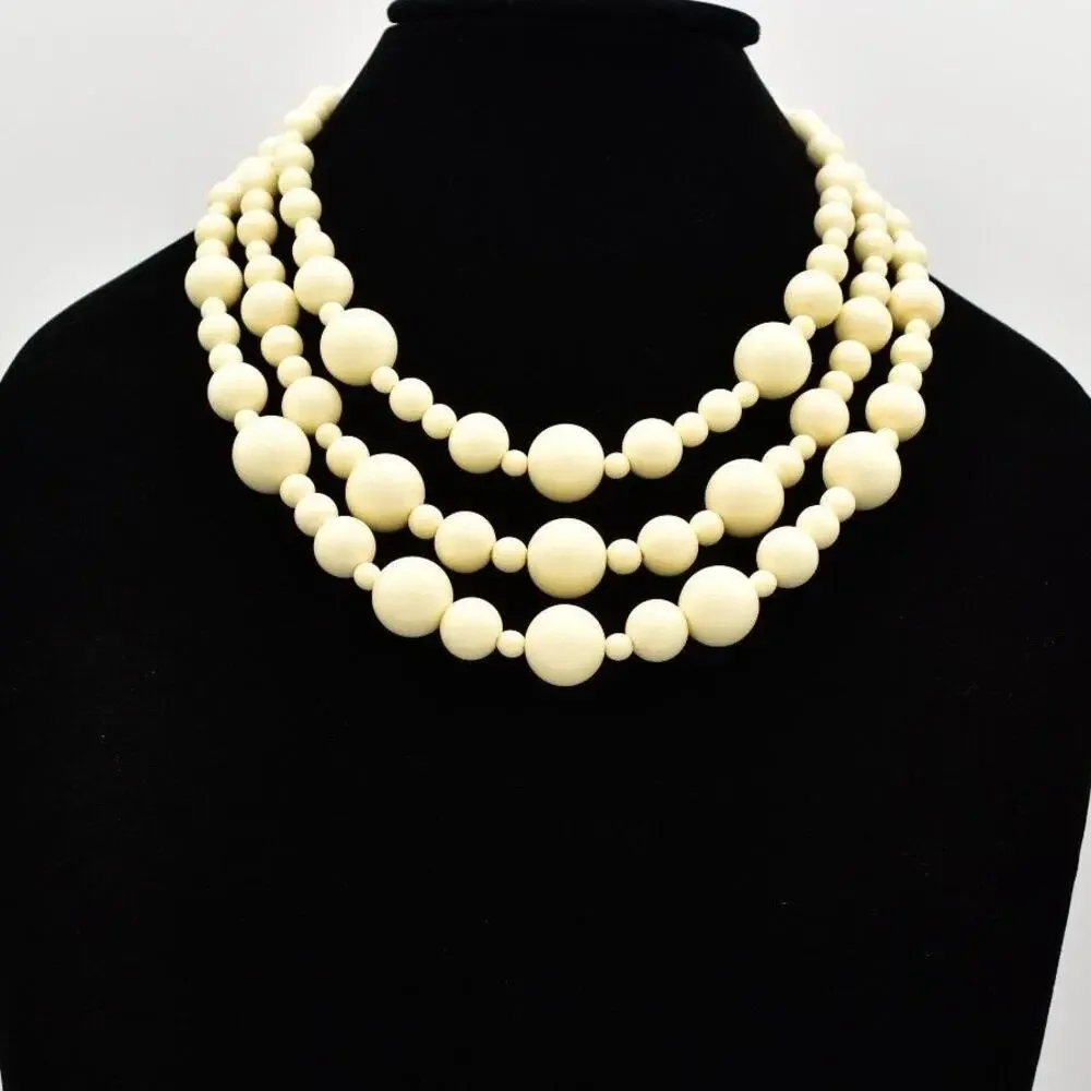Monet Vintage Beaded Necklace Off White Round Layered Chunky Signed 1970s BinA17